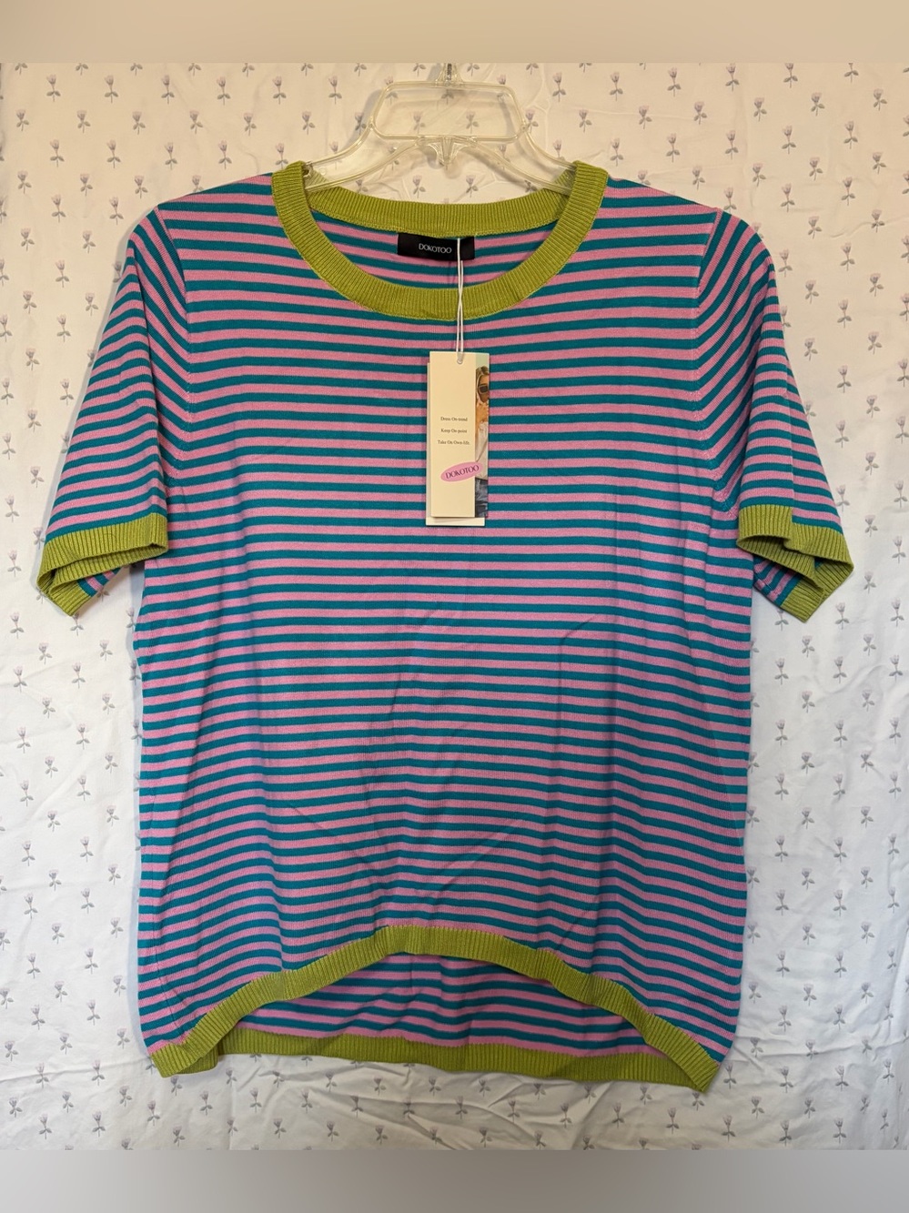 Striped Crewneck Knit Top in Pink & Blue with Green Trim